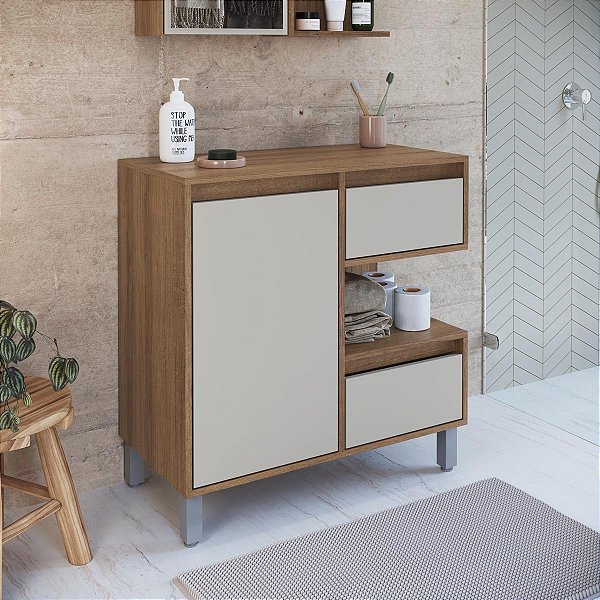 Gabinete Banheiro Paula 80cm 2 Gavetas com Porta e Nicho Pés Reguláveis