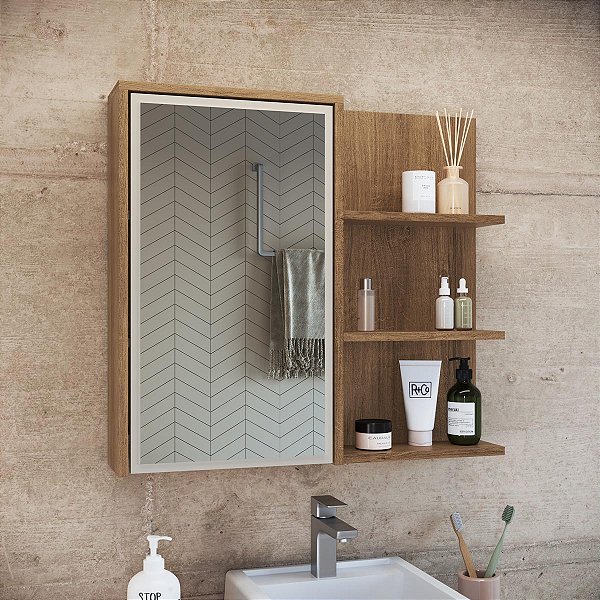 Armário Espelheira para Banheiro Paula 70cm 1 Porta e 2 Prateleiras