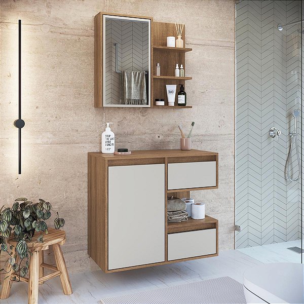 Conjunto Banheiro Suspenso Paula Gabinete 80cm com Espelheira