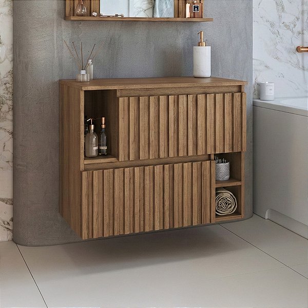 Gabinete Banheiro Suspenso Luiza 75cm 2 Portas Basculante Ripado