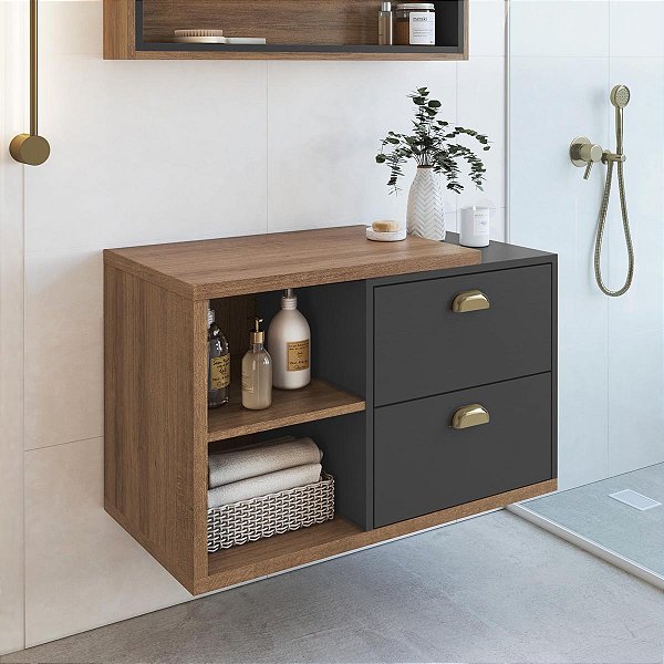 Gabinete para Banheiro Suspenso 80cm Helena 2 Gavetas e 2 Nichos