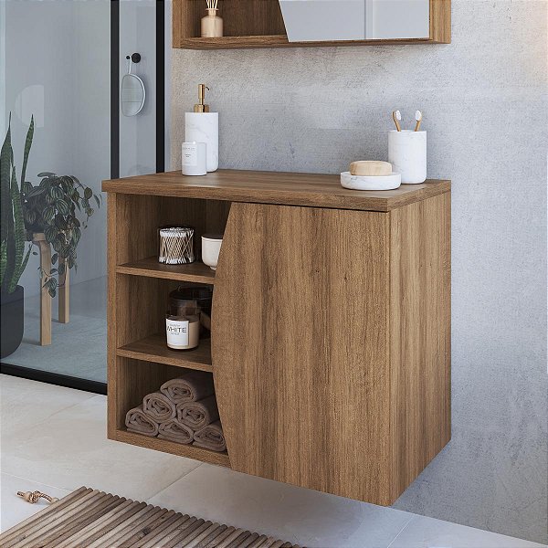 Gabinete para Banheiro Suspenso Laura 70cm 1 Porta e 2 Prateleiras
