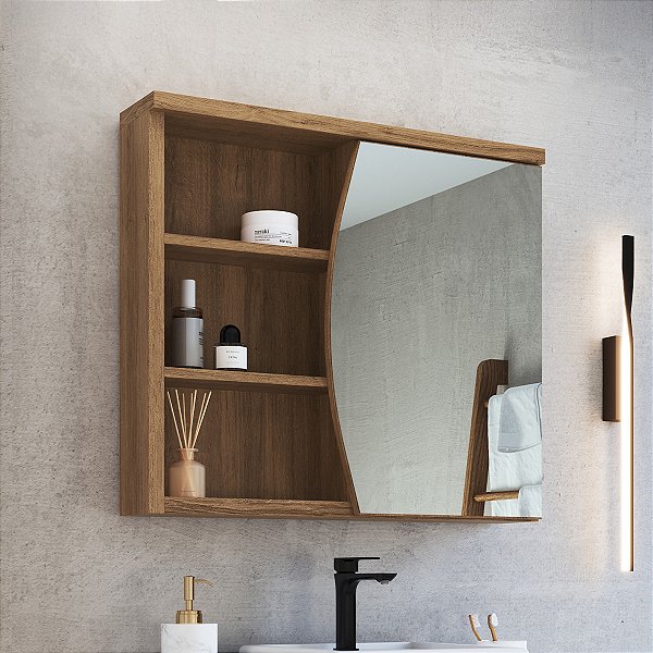 Armário Espelheira para Banheiro Laura 70cm 1 Porta e 2 Prateleiras