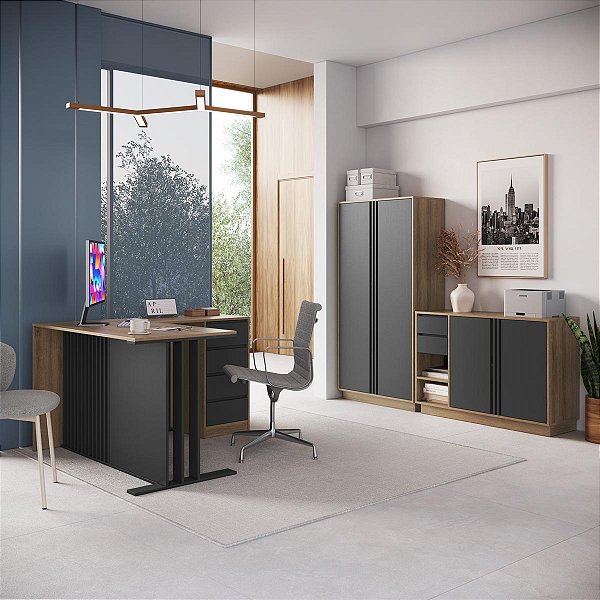 Conjunto para Escritório Mesa em L Armário Alto e Balcão Modernos
