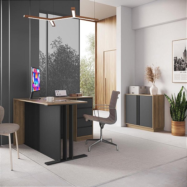 Conjunto para Escritório Home Office Mesa L e Armário Baixo Moderno