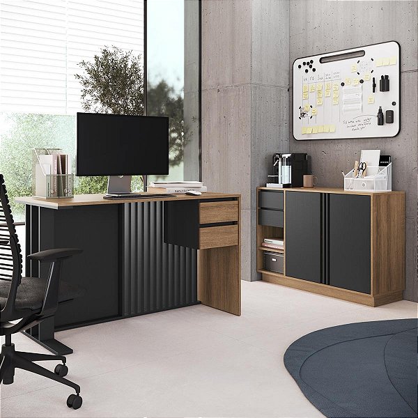 Conjunto para Escritório Mesa e Balcão 2 Portas com Gavetas Moderno