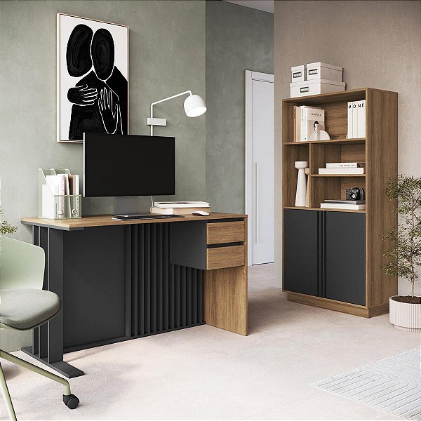 Conjunto Escritório Escrivaninha 120cm Armário 160cm 2 Portas 4 Nichos
