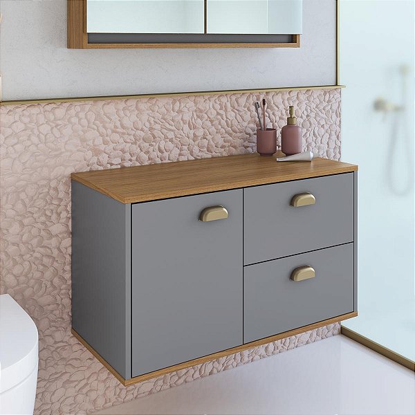 Gabinete Suspenso para Banheiro 80cm Lívia 1 Porta e 2 Gavetas