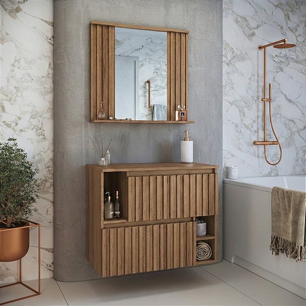 Conjunto Gabinete Suspenso Luiza 75cm 2 Portas Basculante com Espelheira