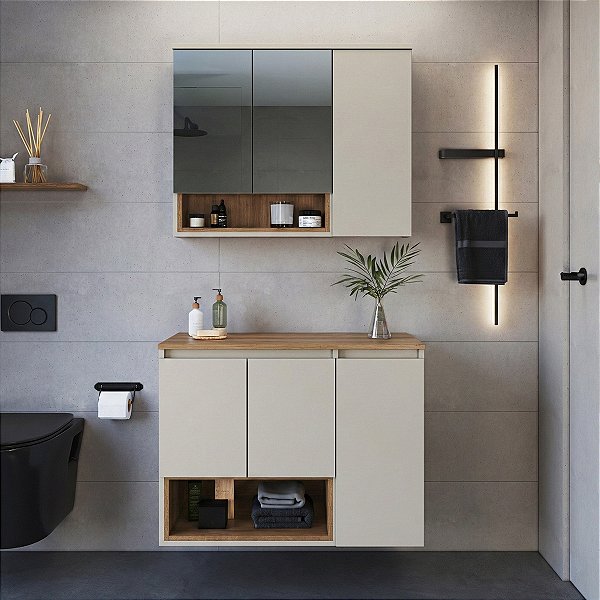 Conjunto Gabinete Suspenso Cecília 80cm Portas Nicho com Espelheira