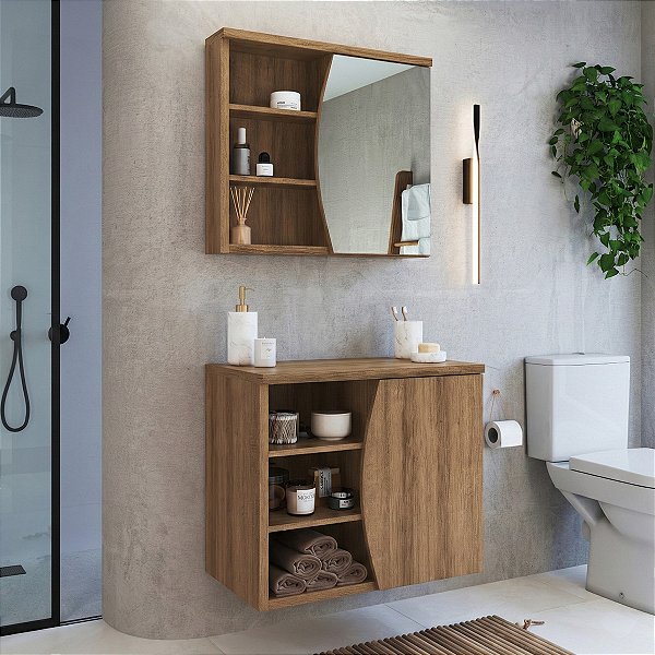 Conjunto Gabinete Suspenso Laura 70cm Porta 2 Prateleira c/ Espelheira