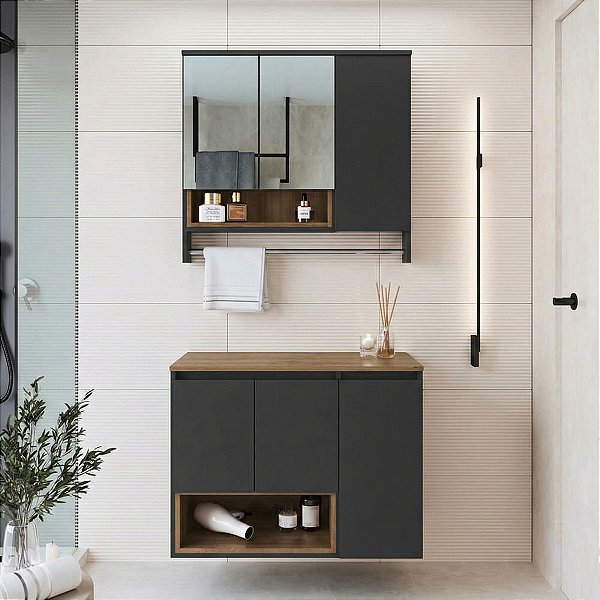 Conjunto Gabinete Suspenso Cecília 80cm 3 Portas Nicho com Espelheira