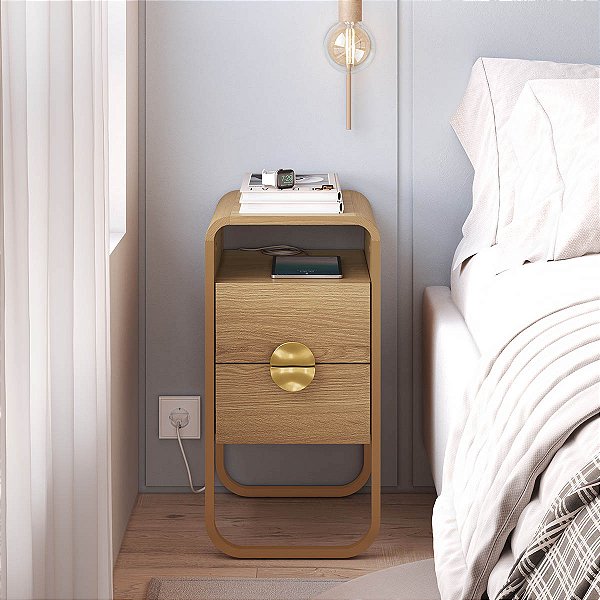 Mesa de Cabeceira Aura 30cm Compacta 2 Gavetas Pés em Metal