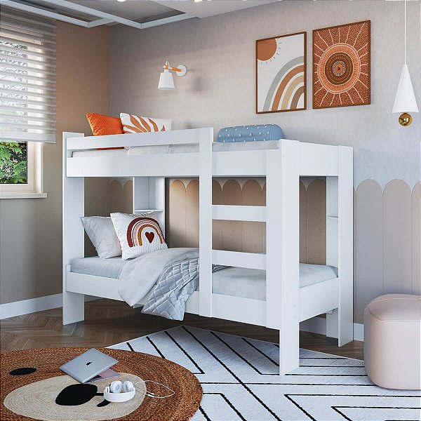 Cama Beliche Moderna 197cm Branco Acetinado com Escada
