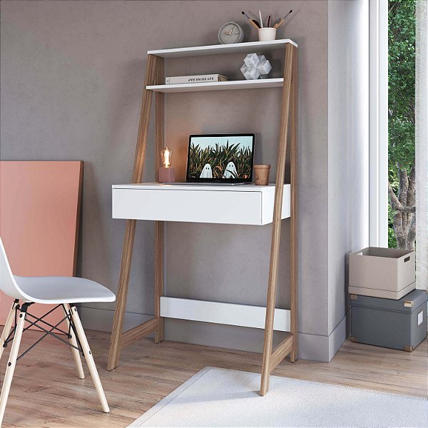 Escrivaninha com Estante com 2 Prateleiras e Gaveta 73cm Moderna