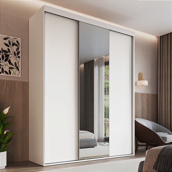 Guarda Roupa Casal 176,5cm 3 Portas de Correr com Espelho e Cabideiro