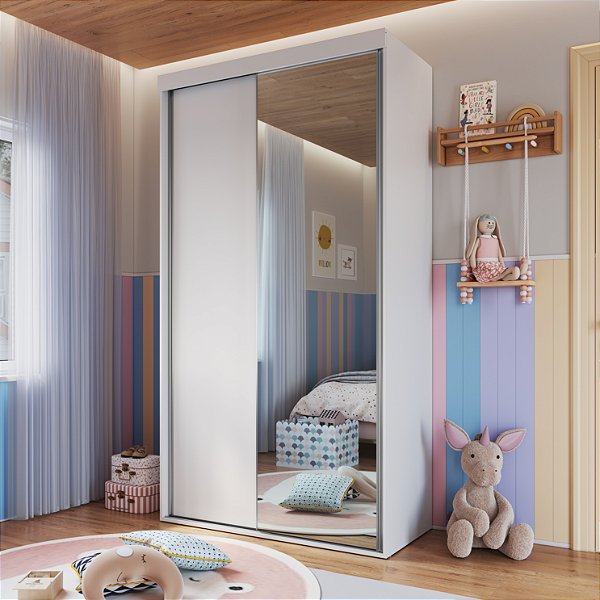 Guarda Roupa Infantil 120cm 2 Portas de Correr com Espelho e Cabideiro