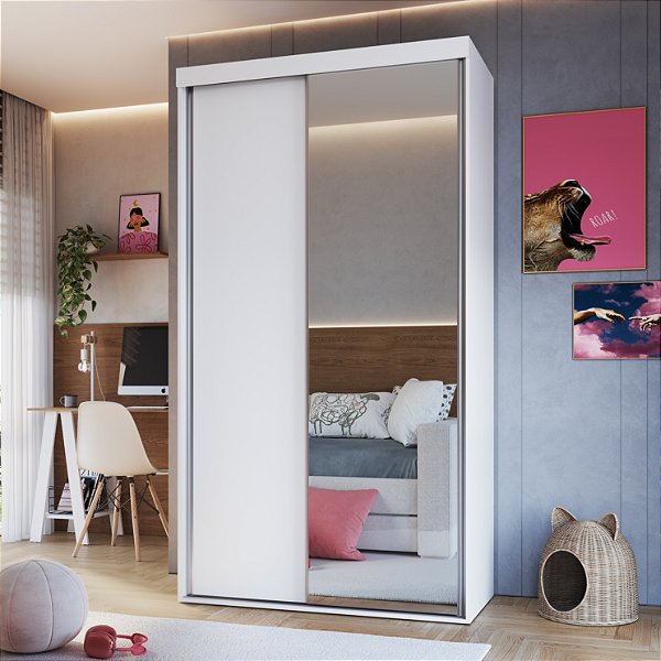 Guarda Roupa Solteiro 120cm 2 Portas de Correr com Espelho e Cabideiro