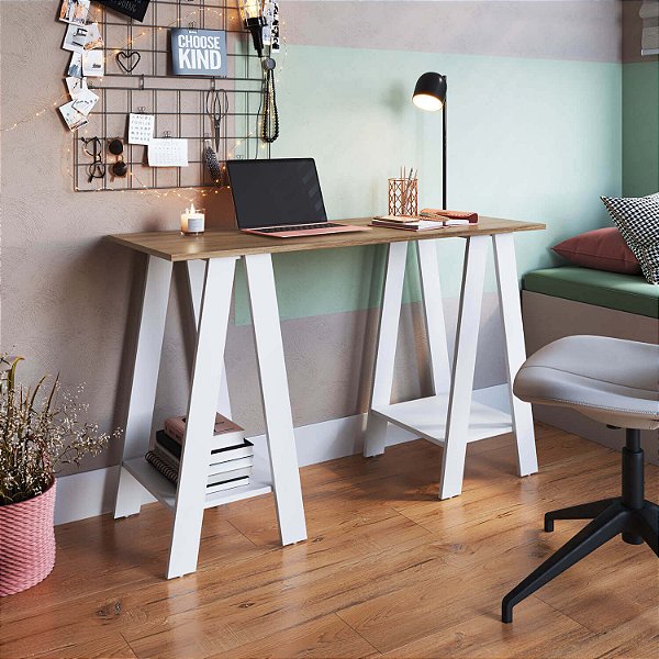 Mesa Escrivaninha Cavalete 120cm com 2 Prateleiras Moderna