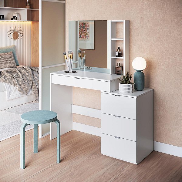 Penteadeira Moderna 113cm 4 Gavetas 3 Nichos com Espelho