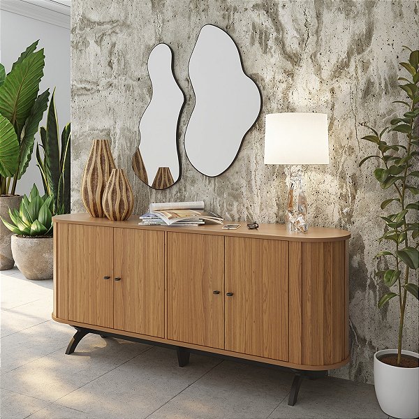 Buffet Aparador Curvo 100% MDF 180cm 4 Portas Freijó e Preto Fosco