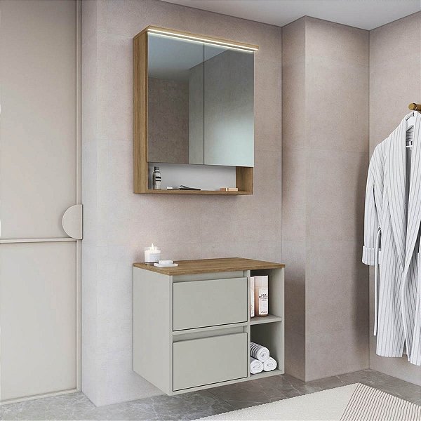 Conjunto para Banheiro Gabinete Suspenso 60cm e Espelheira com Led