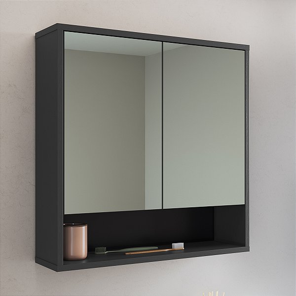 Armário Aéreo Banheiro Bari com Espelho 60cm 2 Portas 3 Prateleiras