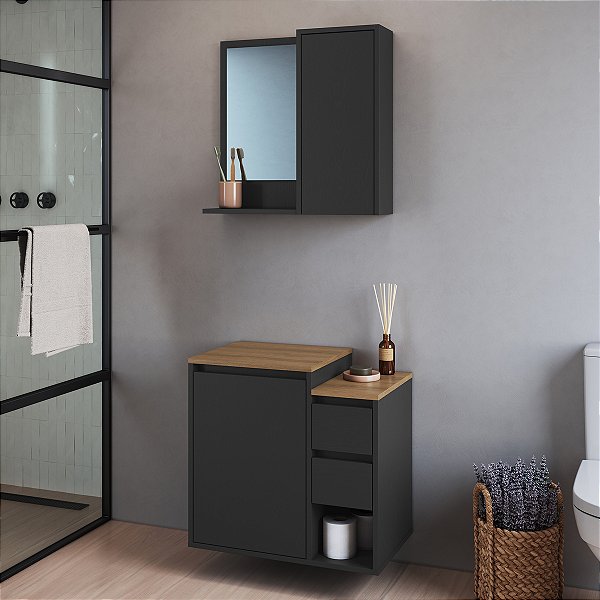 Conjunto Banheiro Gabinete Suspenso e Espelheira Bari 60cm 2 Portas