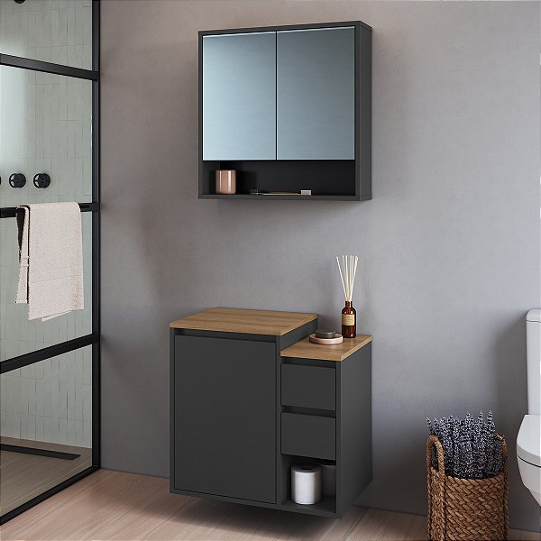 Conjunto Banheiro Gabinete Suspenso e Espelheira Bologna 60cm 3 Portas