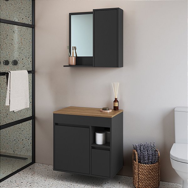 Conjunto Banheiro Gabinete Suspenso e Espelheira Bahamas 60cm 2 Portas
