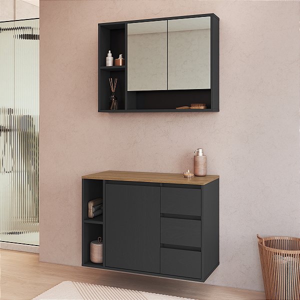 Conjunto Banheiro Gabinete Suspenso e Espelheira Belagavi 80cm 3 Portas