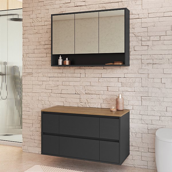 Conjunto Banheiro Gabinete Suspenso Espelheira Berlin 88,4cm 5 Portas