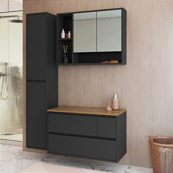 Conjunto Banheiro Suspenso Gabinete e Espelheira Belarus 108,2cm