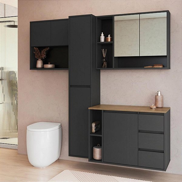 Conjunto Suspenso Banheiro Gabinete e Espelheira Belagavi 168,2cm