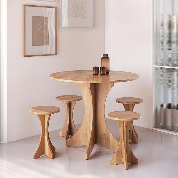 Conjunto Mesa de Jantar Redonda 90cm 4 Banquetas Madeira Maciça