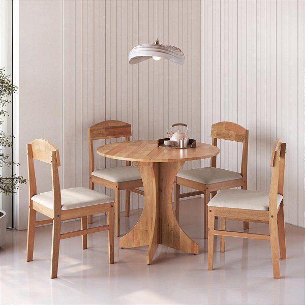 Conjunto Mesa Jantar Redonda 90cm 4 Cadeiras Madeira Maciça Capri