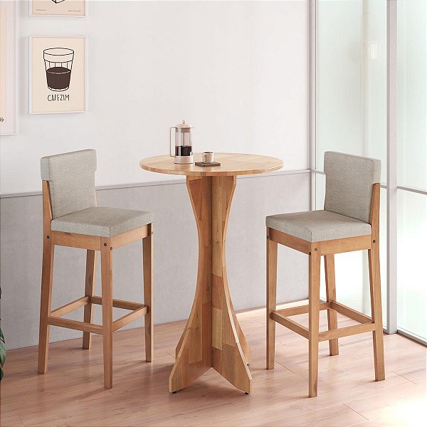 Conjunto Mesa Bistrô Alta 2 Banquetas 38cm Madeira Arezzo Estofadas