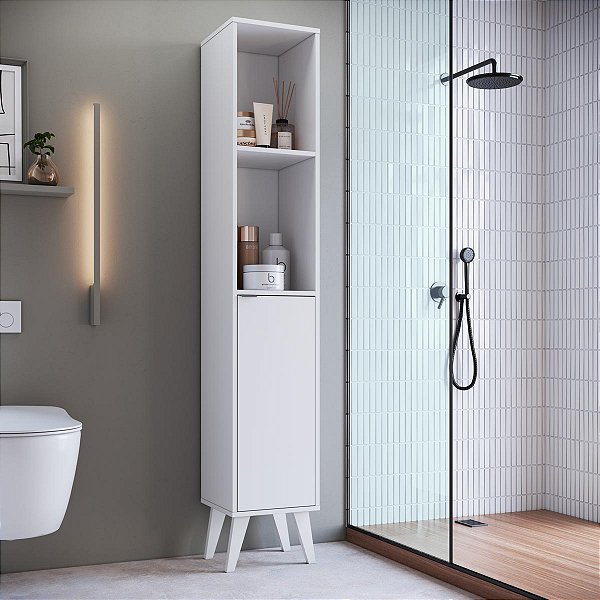 Armário Multiuso Banheiro 30x172cm com Porta 3 Prateleiras