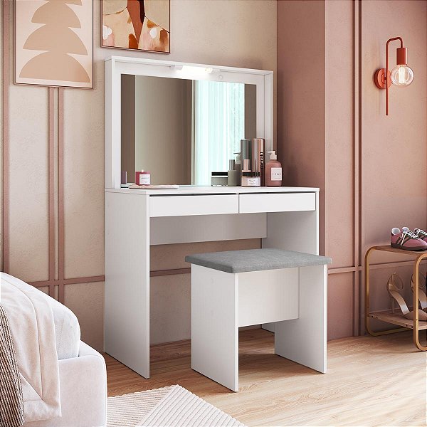 Penteadeira Camarin 90cm 2 Gavetas e Banco Estofado