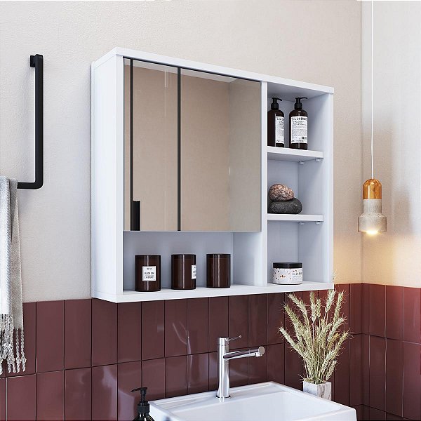 Armário Espelheira para Banheiro 60cm com 4 Prateleiras e 1 Porta