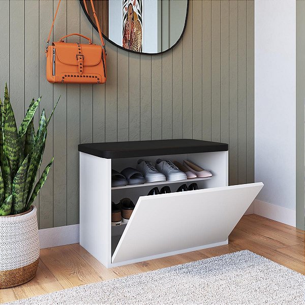 Sapateira Puff Basculante 65cm com estofado 2 Prateleiras e 1 Porta