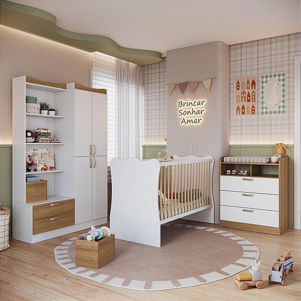 Quarto Infantil Guarda Roupa 6 Prateleiras Cômoda 3 Gavetas e Berço
