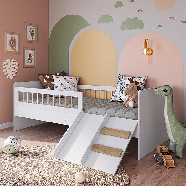 Cama Montessoriana 193x135cm de Solteiro com Escada e Escorregador