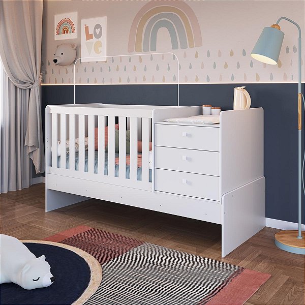 Berço Cama Multifuncional 85x196cm com 3 Gavetas e Trocador