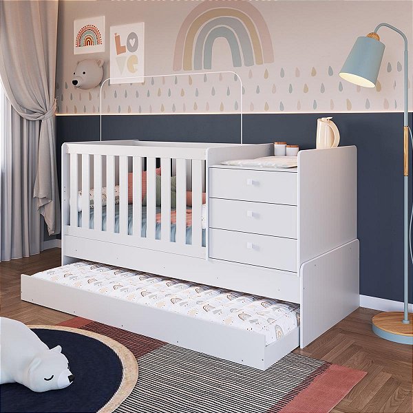 Berço Cama Multifuncional 85x196cm com Auxiliar 3 Gavetas e Trocador