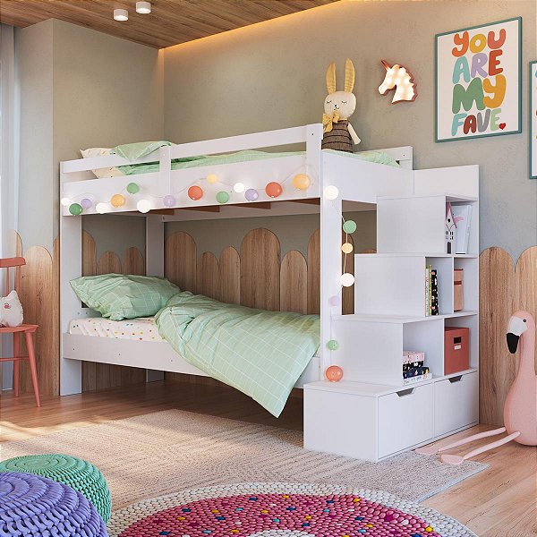 Beliche Infantil 231,8x99cm com Escada 5 Nichos e 2 Gavetas