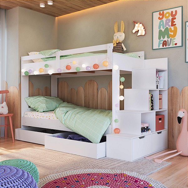 Beliche Infantil 231,8x99cm com Escada Nichos Gavetas e Gavetões