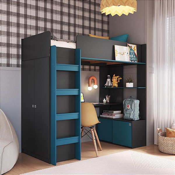 Cama Elevada 196,2x95,8cm com Armário e Escrivaninha