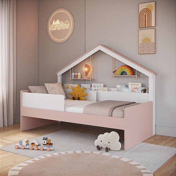 Cama Infantil 200,3x106cm Moldura Casinha Protetores Laterais e Livreiro
