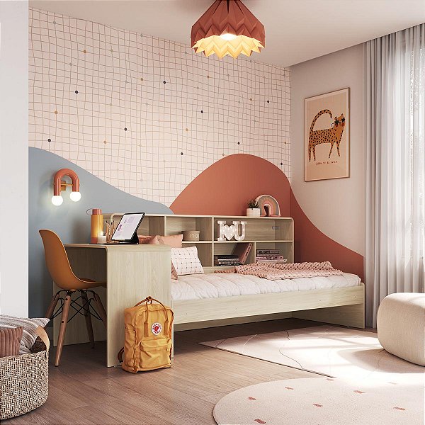 Cama Infanto Juvenil 239x107cm com Escrivaninha e Estante com Nichos